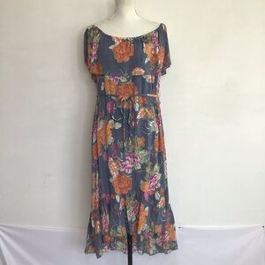 Mlle Gabrielle Elegant Slate Blue Floral Off Shoulder Summer Maxi Sundress SZ 3X